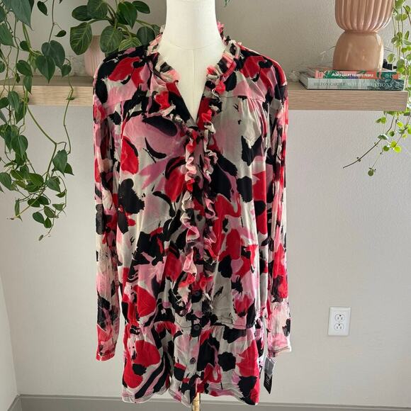 INC Women Floral Ruffle Long Sleeve Blouse 2X Red Black Fall Office Workwear - Picture 1 of 10